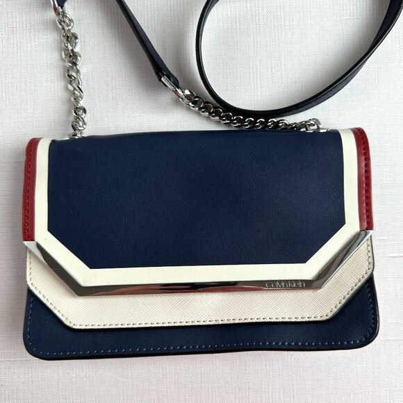 Calvin Klein Tessie Small Crossbody Navy Combo Split Leather Flap Bag - Picture 2 of 11